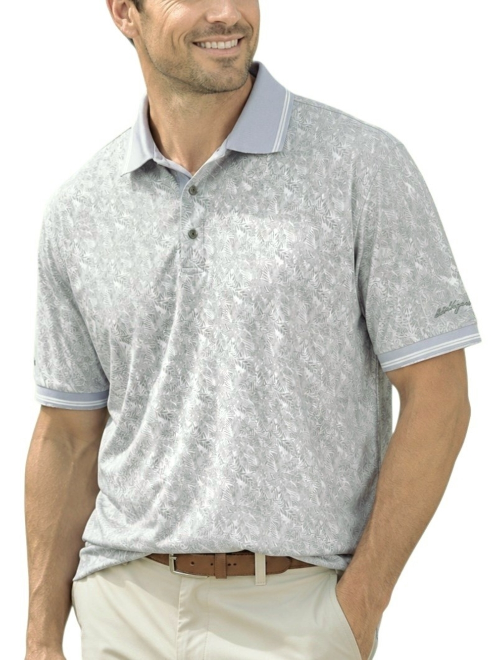 Ben Hogan Performance Golf Polo Shirt Large Gray Palm Leaf Print Short Sleeve